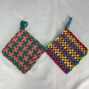 2 Fiestaware Potholder Loom Woven Handmade 100% Cotton MultiColor